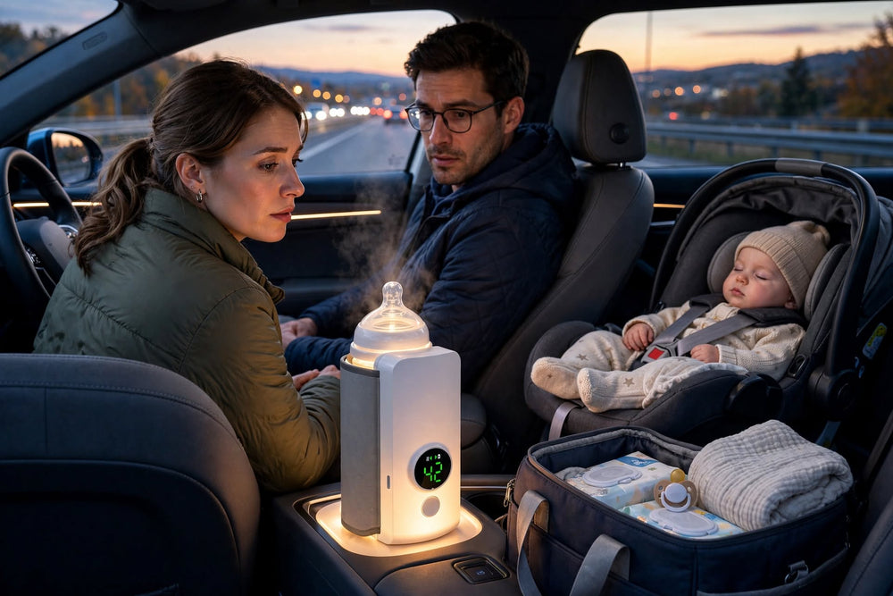 Mutter wärmt unterwegs mit dem tragbaren Nuckelwarm-Fläschchenwärmer eine Babyflasche auf